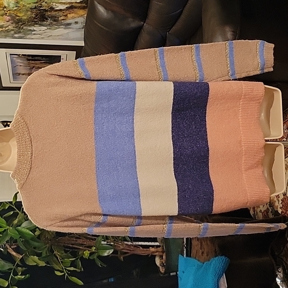 KAFFE Sweater L Blue White Cream Pink Stripes - Picture 9 of 13